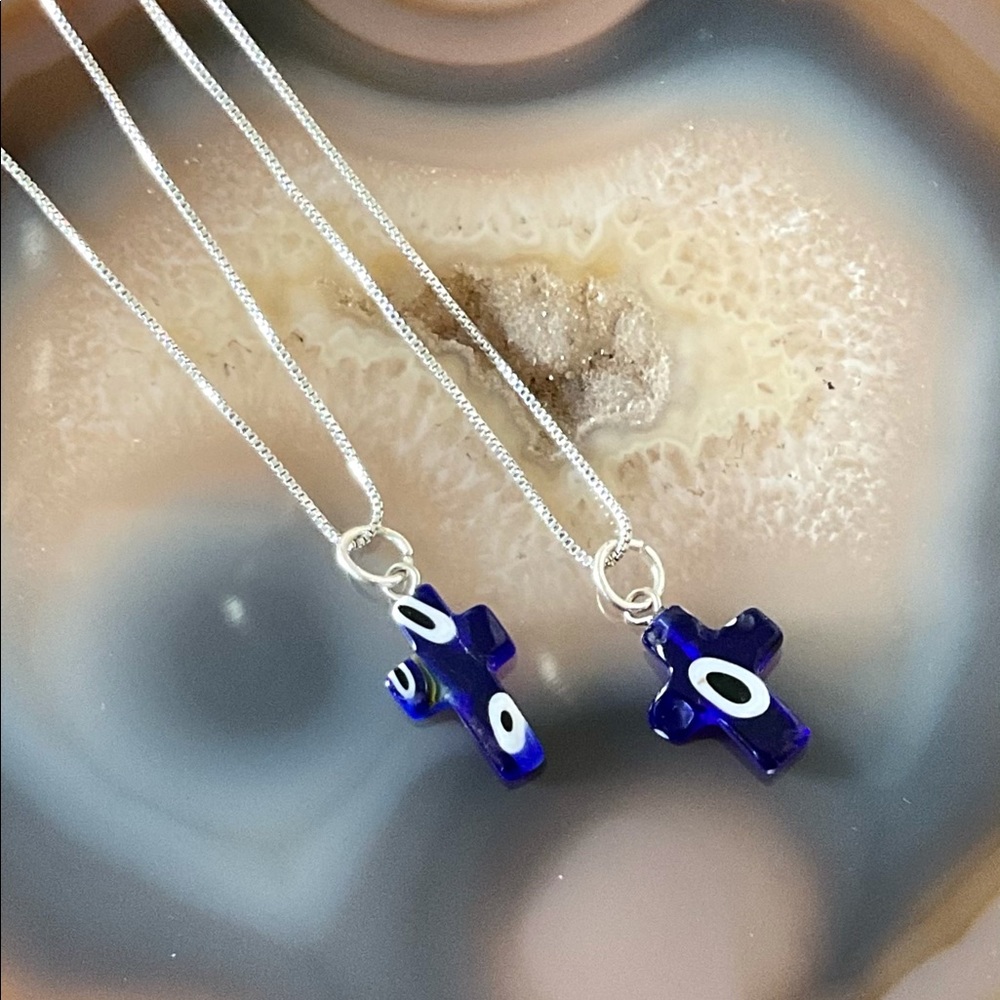 Evil eye cross necklace blue lampwork glass pendant sterling silver protection